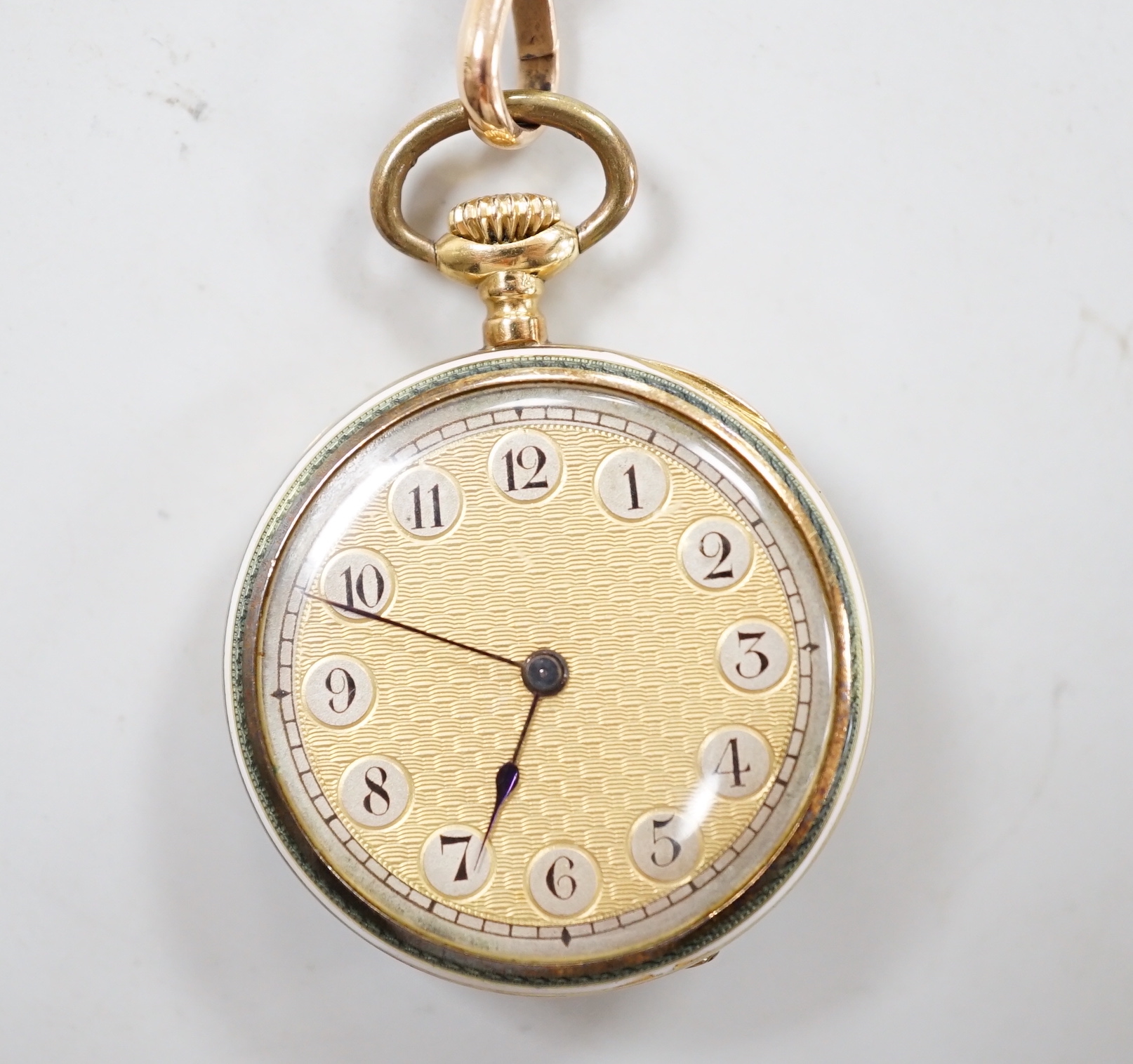 An 18ct gold, two colour enamel and diamond set open face fob watch, on a similar 9ct and enamel albertina, 56cm, gross weight 29.1 grams.